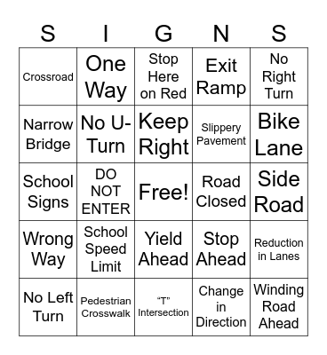 Road Signs Bingo Card