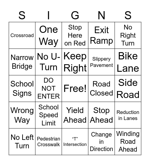 Road Signs Bingo Card