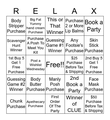 Relax, and Pamper with Posh Bingo Card
