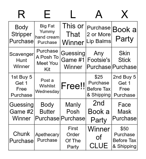 Relax, and Pamper with Posh Bingo Card