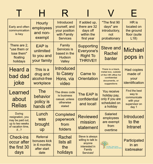 Orientation Bingo Card