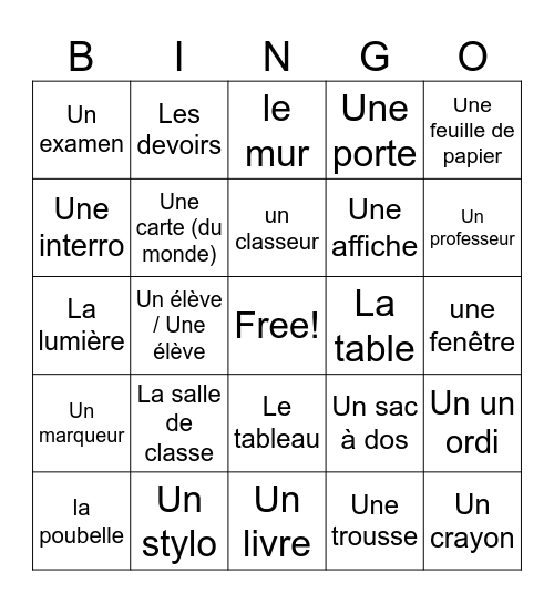 la salle de classe Bingo Card