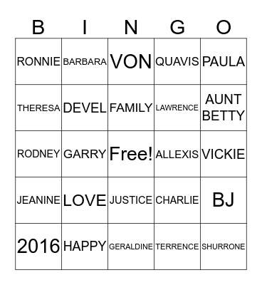 OUR FAMILY PICNIC 2016' Bingo Card