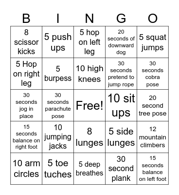 Fitness Bingo Card