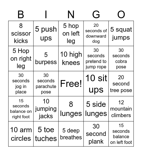 Fitness Bingo Card