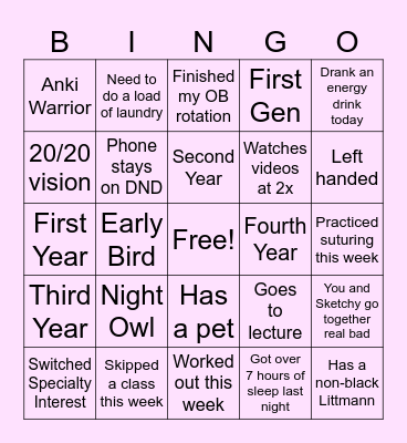 Med Student Version Bingo Card
