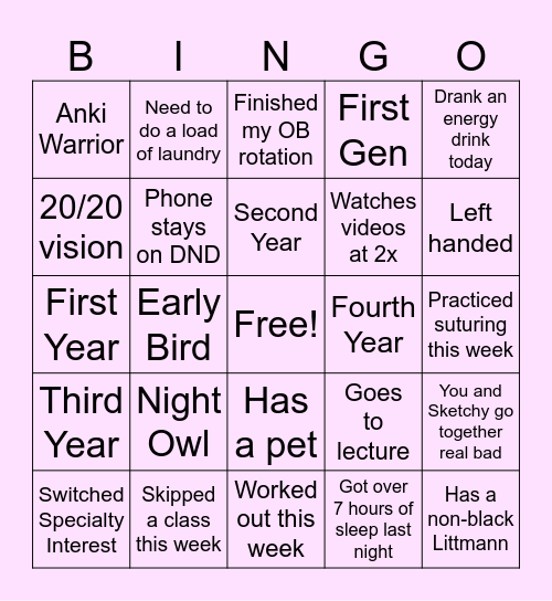 Med Student Version Bingo Card