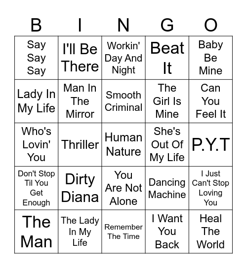 Michael Jackson Bingo Card