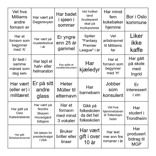 MILLIAM OG INGRIDS BRYLLUPSBINGO Card