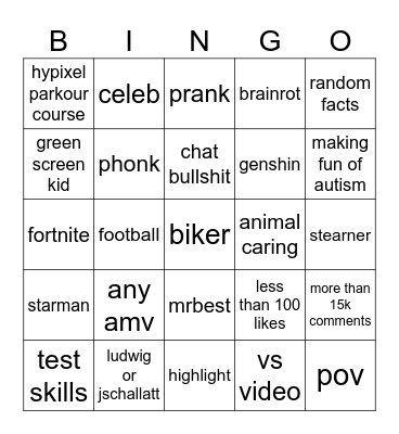 Youtube Bingo Card