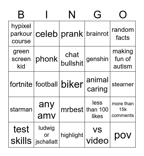 Youtube Bingo Card