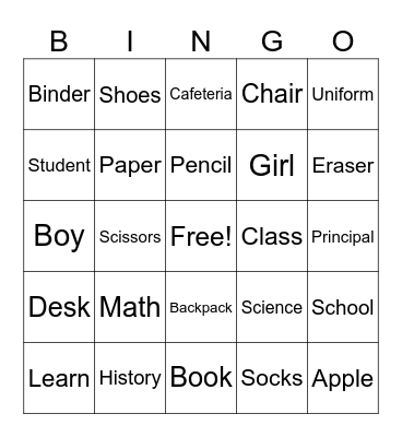 School Bingo Card