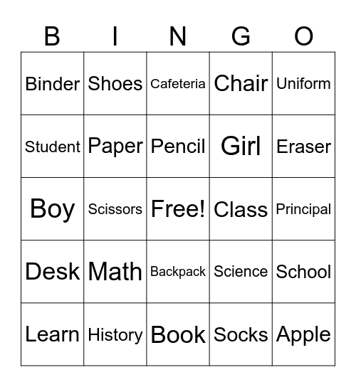 School Bingo Card