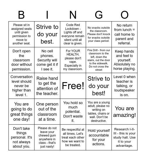 Classroom Expectations Bingo Card