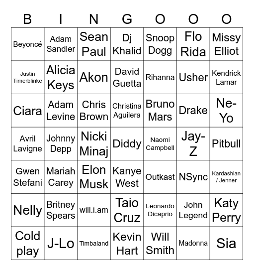 Diddy List Bingo Card