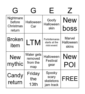 Fortnitemares Bingo Card