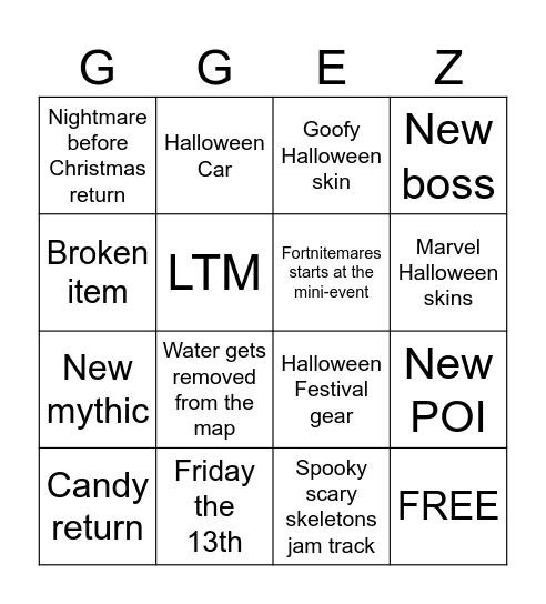 Fortnitemares Bingo Card