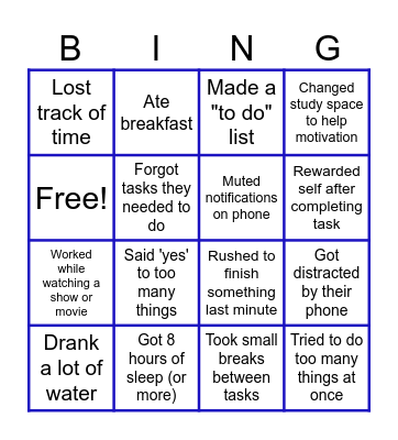 Time Management BINGO Card