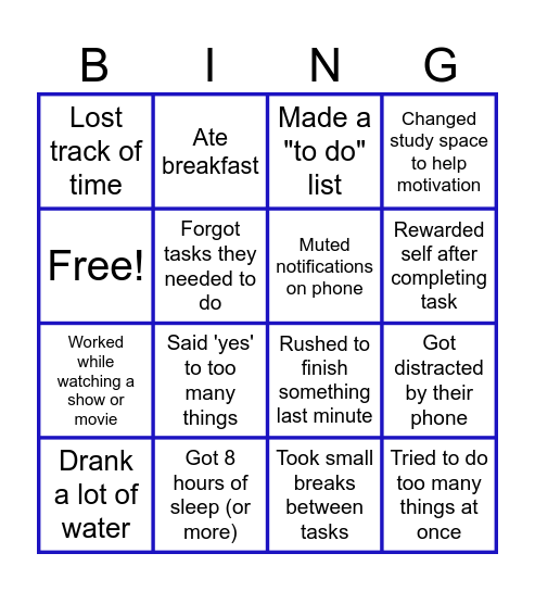 Time Management BINGO Card