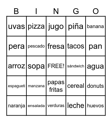 Spanish Food Bingo Card