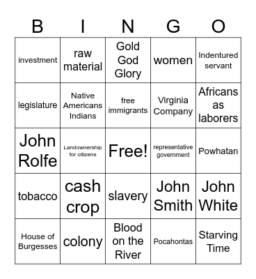 Jamestown BINGO Card