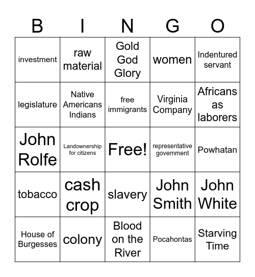 Jamestown BINGO Card