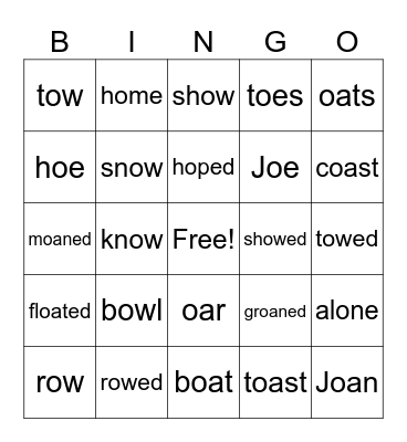 Alphie Long O spelled ow, oa, oe, o-e Bingo Card