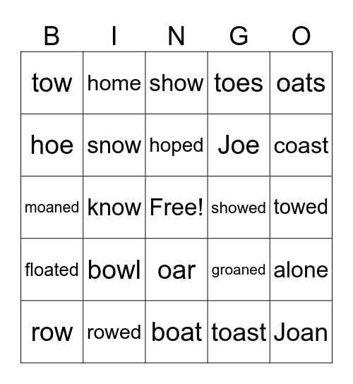 Alphie Long O spelled ow, oa, oe, o-e Bingo Card