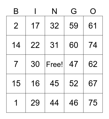 Number Bingo 1-75 Bingo Card