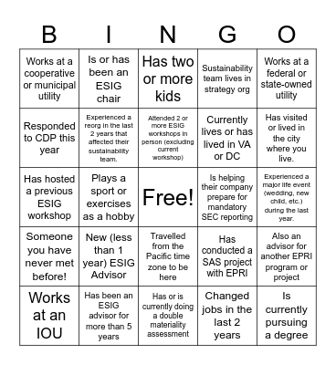ESIG Advisor Bingo Card Bingo Card