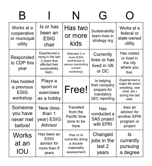 ESIG Advisor Bingo Card Bingo Card