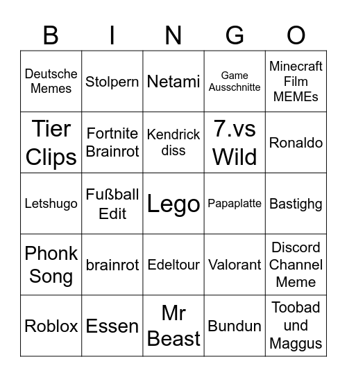 Shorts Bingo Card