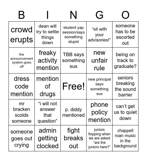 Assembly Bingo Card