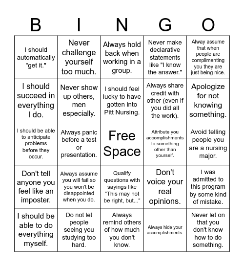 Imposter Syndrome Bingo Card