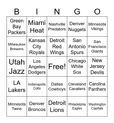 Sports Team Bingo Card