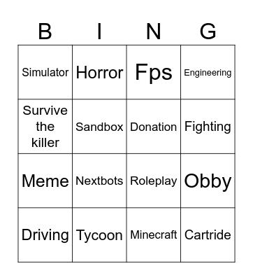 Roblox Recommendations Bingo Card