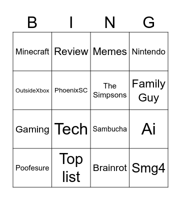 YouTube Recommendations Bingo Card