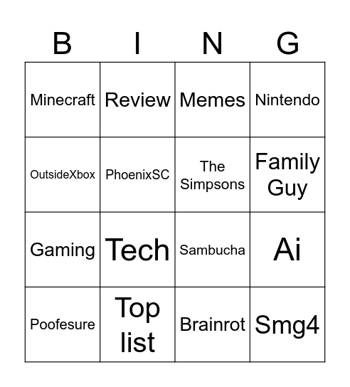 YouTube Recommendations Bingo Card