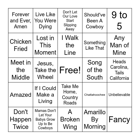 90's Country Bingo Card