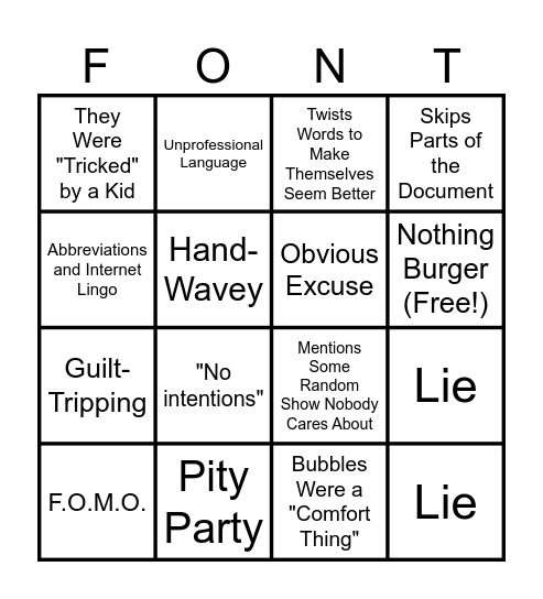 Font Response Bingo Card