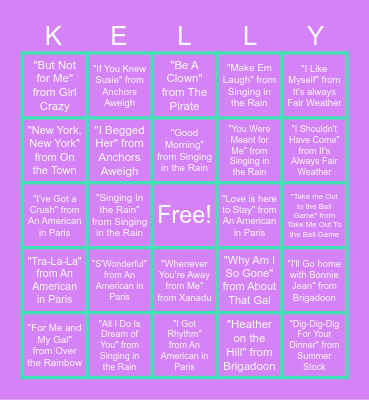 Gene Kelly Songs Bingo Card
