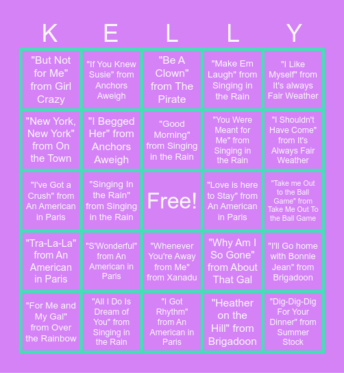 Gene Kelly Songs Bingo Card