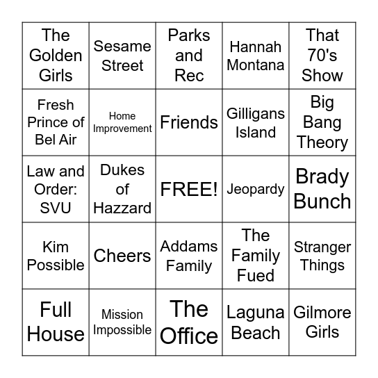 TV Show Theme Songs Bingo Card