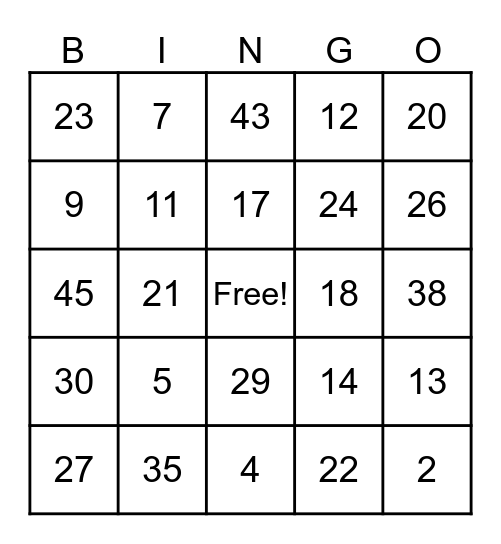 Number Bingo 1-48 Bingo Card