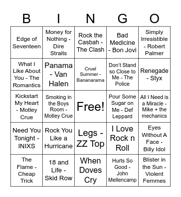 Kai’s 80s Rock List Bingo Card