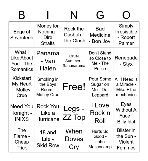 Kai’s 80s Rock List Bingo Card