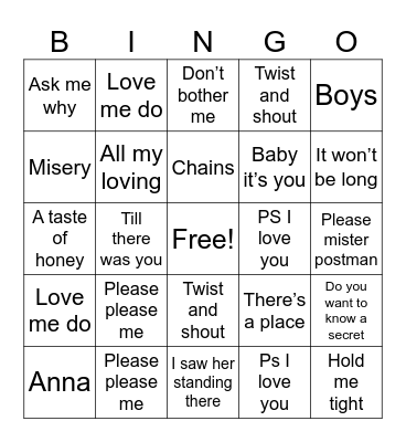 Please Please me Bingo Card