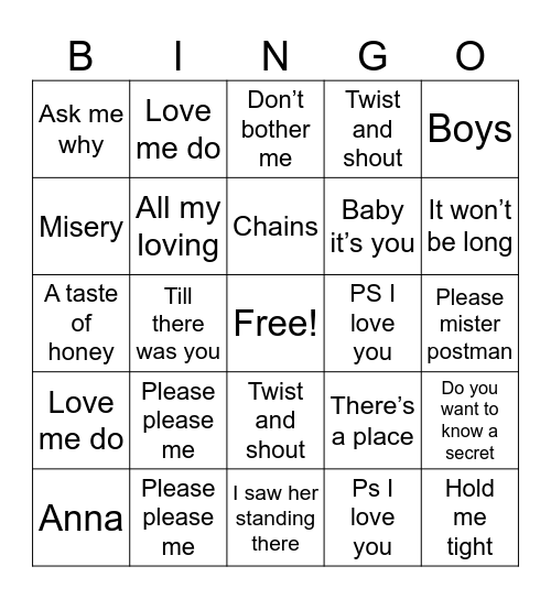 Please Please me Bingo Card