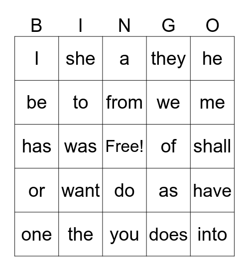 Step 1 High Frequency Words Bingo Card