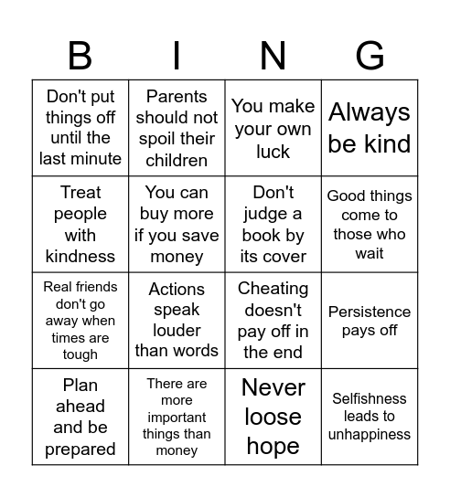 Themes Bingo Card